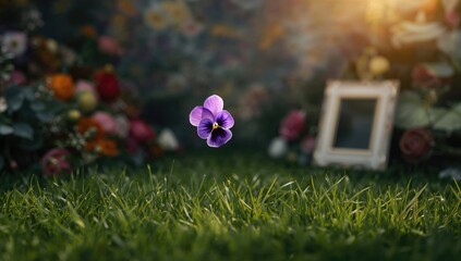 Wall Mural - Elegant purple pansy in full bloom with a garden backdrop, showcasing summer and spring vibes with vintage floral elements