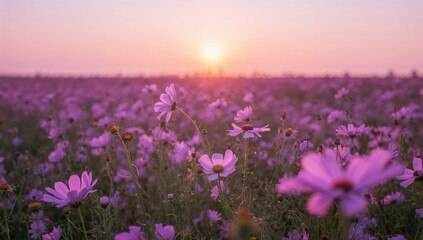 Wall Mural - A meadow filled with pink starburst blooms under a glowing sunset