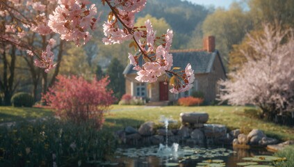 Wall Mural - Springtime blooms with raindrops on white flowers near a countryside home