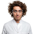 © StockBlend - Man with frizzy hair wearing safety glasses and a white lab coat against a black background on transparent background