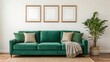 © RmGraphix - Luxurious green velvet sofa with decorative pillows and a potted plant in a modern living room setting