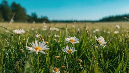 Wall Mural - Wild chamomile blossoms basking in sunlight