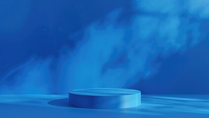 Wall Mural - Smooth light reflections and shadows on a wall and table with a blue backdrop. Blurred spotlights for a winter-themed product showcase, branding, cosmetics, and food.