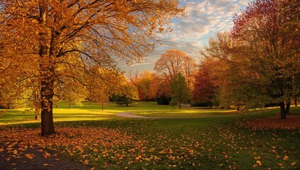 Wall Mural - Gorgeous autumn scene bathed in golden sunset light with vibrant fall foliage
