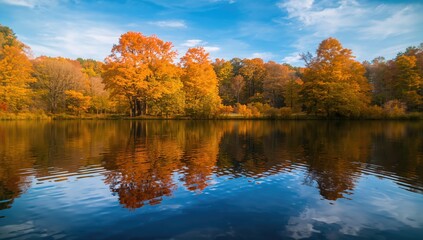 Wall Mural - Vibrant fall colors by the water. Reflections of autumn. Seasonal backdrop. Focused detail