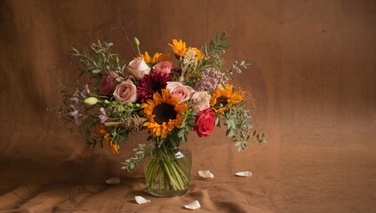 Wall Mural - Floral arrangement in a glass container set against a wooden surface