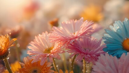 Wall Mural - Close-up of blossoms with morning dew on petals. Macro shot of springtime flowering plants. Fresh summer garden bloom. Pollen allergy season.