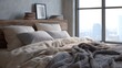 © sweet_mellow - Cozy Bedroom Interior With Soft Pillows And Blanket By Large Window. Inviting Space For Relaxation And Comfort