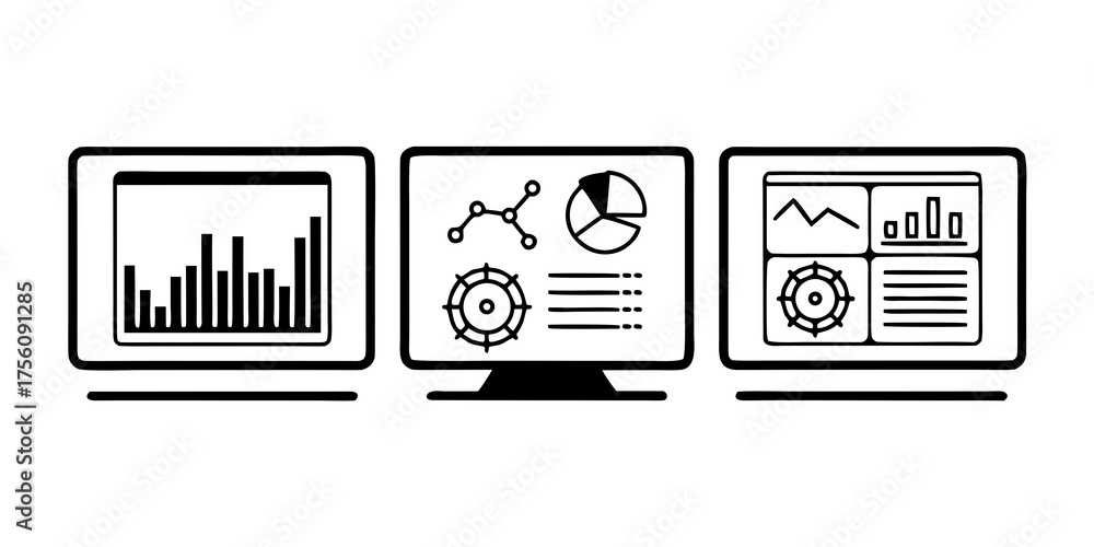 Three computer screens displaying different data visualizations ...