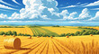 © PDWN Creative - Summer harvest landscape with golden wheat field and hay bales under a picturesque blue sky with white clouds, vector illustration