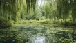 © sweet_mellow - Lush Green Pond With Water Lilies And Weeping Willows. Serene Nature Scene
