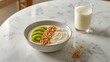 © NFTNexus - Nutritious morning meal featuring yogurt, muesli, and sliced kiwi on a marble surface