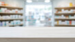 © A2Z AI  - A bright, blurred pharmacy backdrop creates a clean, professional space for product displays on a light wood tabletop, ideal for showcasing healthcare items.