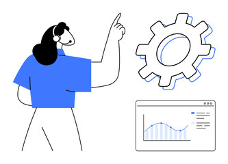 Wall Mural - Woman wearing a headset gestures towards gear and graph, signaling efficiency and strategy. Ideal for teamwork, planning, productivity, data analysis, automation, innovation and workflow. Clean