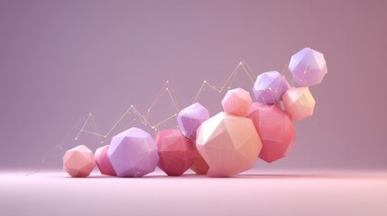 Wall Mural - Abstract geometric shapes and pastel colored spheres with connected lines on a soft pink background for modern design projects or visual presentations