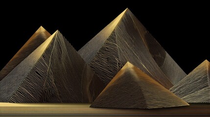 Wall Mural - Abstract representation of layered golden pyramids with intricate patterns, showcasing a stunning play of light and shadow on a black background