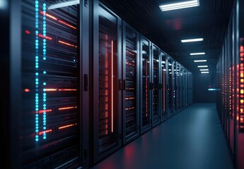 Wall Mural - Data center corridor with red and blue illuminated servers, representing high-performance IT infrastructure for AI, cloud computing, and secure enterprise data systems