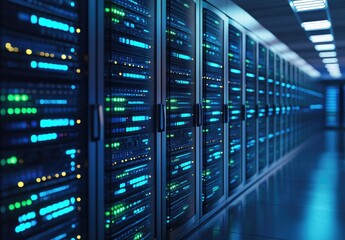 Wall Mural - Modern data center with blue and green illuminated servers, illustrating advanced IT infrastructure for AI, cloud computing, and enterprise network management