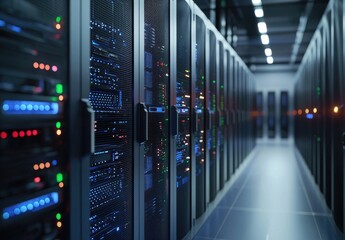 Wall Mural - Modern data center server racks with illuminated panels, representing IT infrastructure for cloud computing, networking, and enterprise data storage solutions