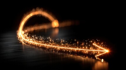 Wall Mural - Glowing Golden Arrow of Light with Sparkles Creating an Elegant Pathway in a Dark Background for Abstract Designs and Creative Concepts