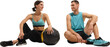 © master1305 - Fit couple sitting on floor with medicine ball after workout smiling. Concept of relaxation, connection, satisfaction after training reflecting joy, partnership, and wellness. Transparent background