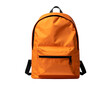 © Random - Bright orange backpack with a front pocket, black zippers, and straps against a black backdrop