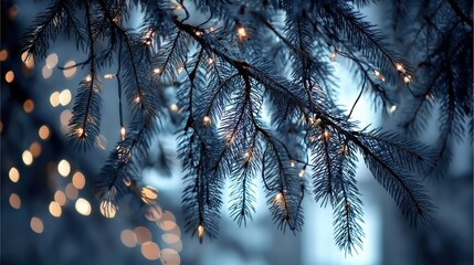 Wall Mural - Illuminated Evergreen Branch with Twinkling Lights in Winter Setting, Soft Focus Background with Bokeh Effect Creating a Magical Atmosphere