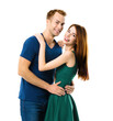 © vgstudio - Love, dating, sales concept - hug embracing or dancing expressive emotional very happy cute couple. Man, woman isolated against white background.