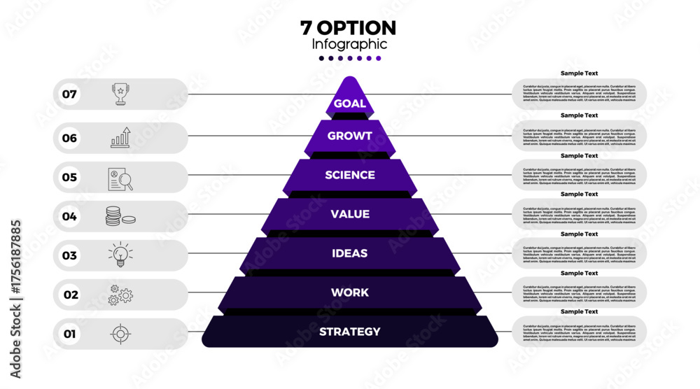 Infographic template with a pyramid triangle vector shape, with 7 ...