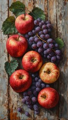 Wall Mural - a still life painting depicts a collection of ripe red apples and dark purple grapes arranged on a weathered turquoise wooden surface.