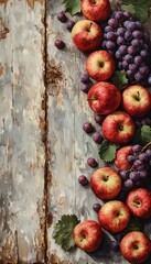 Wall Mural - a still life composition of red apples and dark purple grapes scattered across a weathered gray wooden surface.