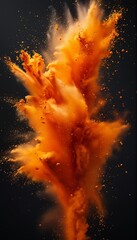 Wall Mural - a vibrant explosion of orange powder suspended in mid-air against a stark black background creates a dramatic and dynamic visual effect.