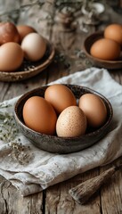 Wall Mural - a rustic still life featuring speckled and brown eggs nestled in handmade ceramic bowls on a weathered wooden surface with a linen cloth.