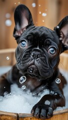 Wall Mural - a curious black french bulldog puppy gazes up from a bubbly bath with captivating blue eyes.