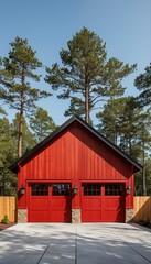 Wall Mural - a vibrant red detached garage with black trim stands prominently against a backdrop of tall evergreen trees and a clear blue sky.