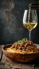 Wall Mural - a moody still life of spaghetti with rich meat sauce garnished with thyme, paired with white wine being poured into a glass.