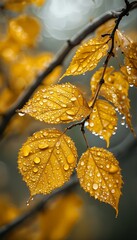 Wall Mural - golden autumn leaves covered in delicate water droplets hang from slender branches against a blurred, soft-lit background.