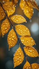 Wall Mural - autumn leaves covered in glistening raindrops hang delicately from a slender branch against a softly blurred, muted background.