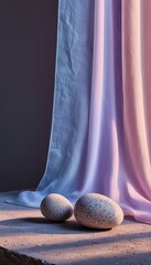 Wall Mural - delicate fabrics in shades of blue and lavender drape over speckled eggs resting on a textured, dimly lit surface.
