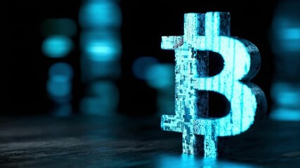 Blue glowing Bitcoin symbol sculpture on a dark surface with blurred blue lights in the background.