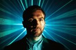 © Michael - Futuristisches Porträt eines Mannes vor einem Lichtmuster mit blauem und cyanfarbenem Effekt