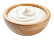 © Siomay - Creamy white dairy product in a small, round, wooden bowl, isolated on a dark background