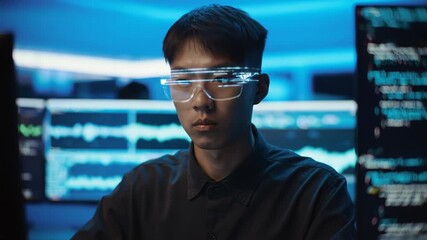 Young Asian Man Wearing Futuristic AR Glasses Working in a High-Tech Control Room.