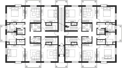 Naklejka na meble Modern residential apartment floor plan, symmetrical layout, multi-unit building design, interior blueprint, architectural drawing, real estate, housing, construction, planning