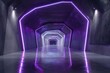 © MaryStocks - A futuristic tunnel with bright neon lights casting a purple glow. The tunnel has a modern design with geometric shapes and a glossy floor that reflects the lights