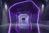 A futuristic tunnel with bright neon lights casting a purple glow. The tunnel has a modern design with geometric shapes and a glossy floor that reflects the lights
