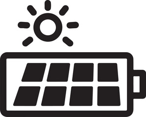 Wall Mural - Vector art of a black and white graphic of a solar panel battery being charged by the sun, the image represents renewable energy and sustainable power generation outline icon on