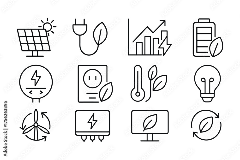 Clean energy icons set featuring solar, electric, and renewable symbols ...