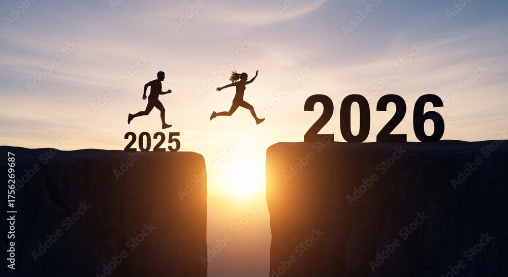 Silhouette of a man and woman jumping from 2025 to 2026 over a cliff ...