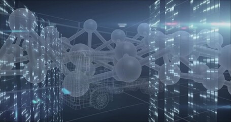 Wall Mural - Floating wireframe truck merging into translucent molecular network in virtual space, data panels